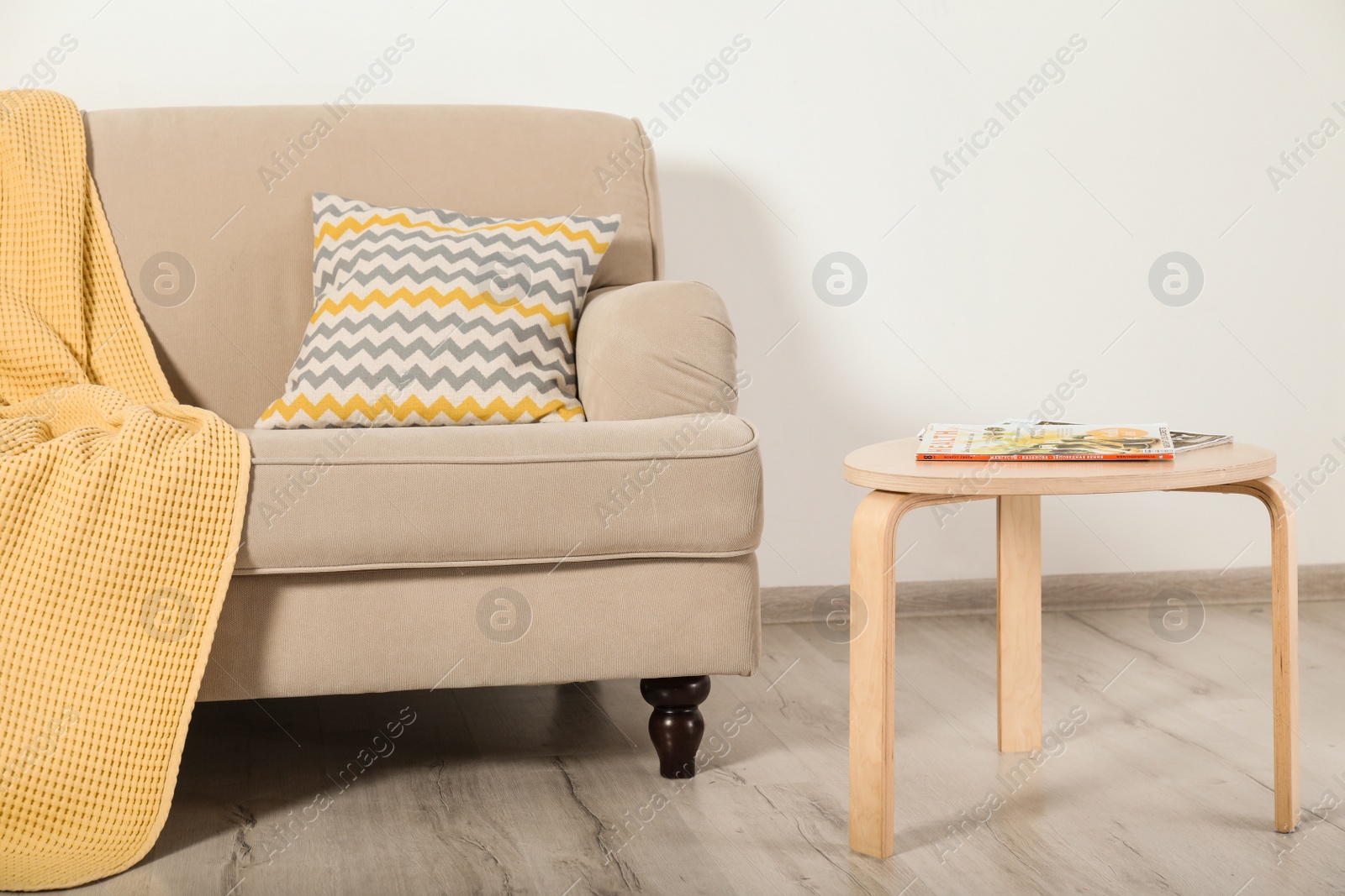 Photo of Cozy living room interior with sofa, pillow and plaid near light wall. Space for text