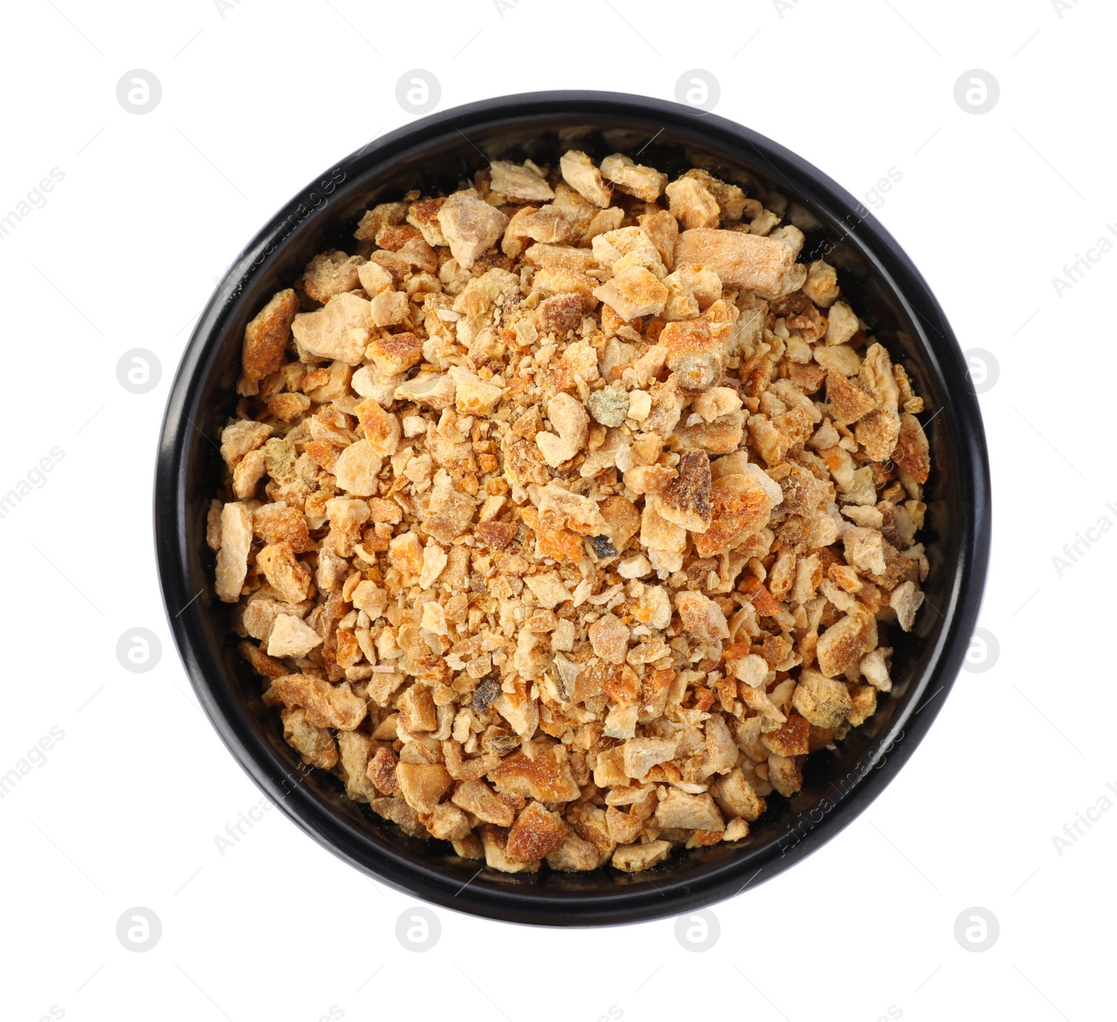 Photo of Bowl of dried orange zest seasoning isolated on white, top view