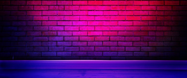 Room with brick wall and wooden floor in neon lights, banner design