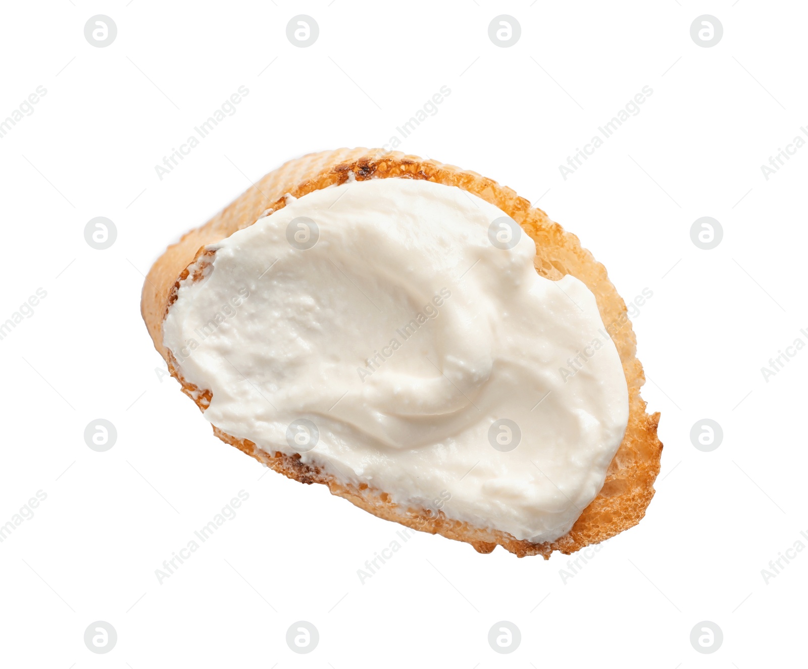 Photo of Piece of baguette with tasty cream cheese on white background, top view