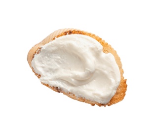 Photo of Piece of baguette with tasty cream cheese on white background, top view