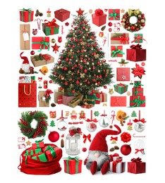 Image of Christmas staff and gift boxes isolated on white, collection