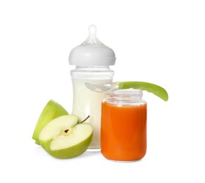 Photo of Healthy baby food, apple and bottle of milk isolated on white