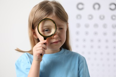 Photo of Little girl with magnifying glass against vision test chart