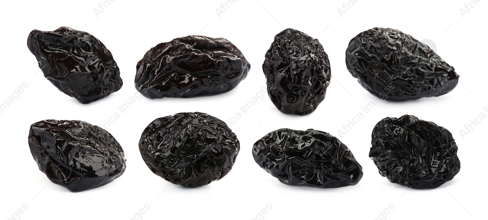 Image of Set with sweet dried prunes on white background. Banner design