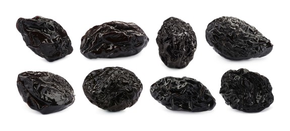 Image of Set with sweet dried prunes on white background. Banner design