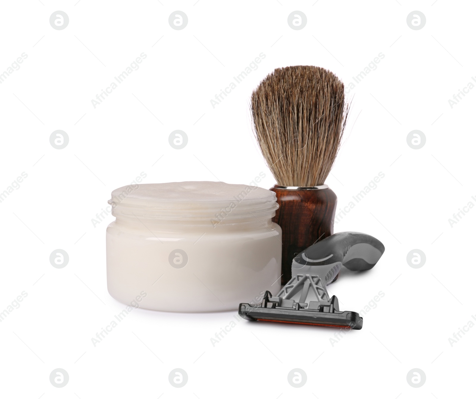 Photo of Different men`s shaving accessories on white background