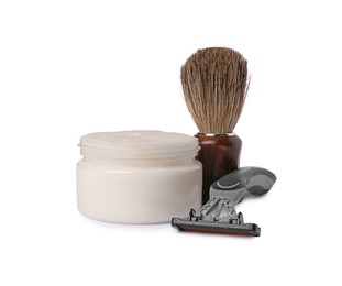 Different men`s shaving accessories on white background