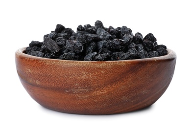 Bowl with dried dark raisins isolated on white. Healthy nutrition with fruits