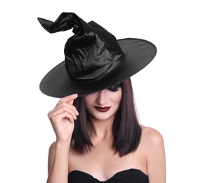 Photo of Mysterious witch wearing hat on white background