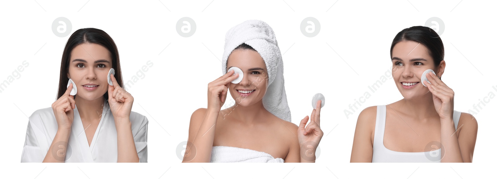 Image of Beautiful woman with cotton pads on white background, set of photos