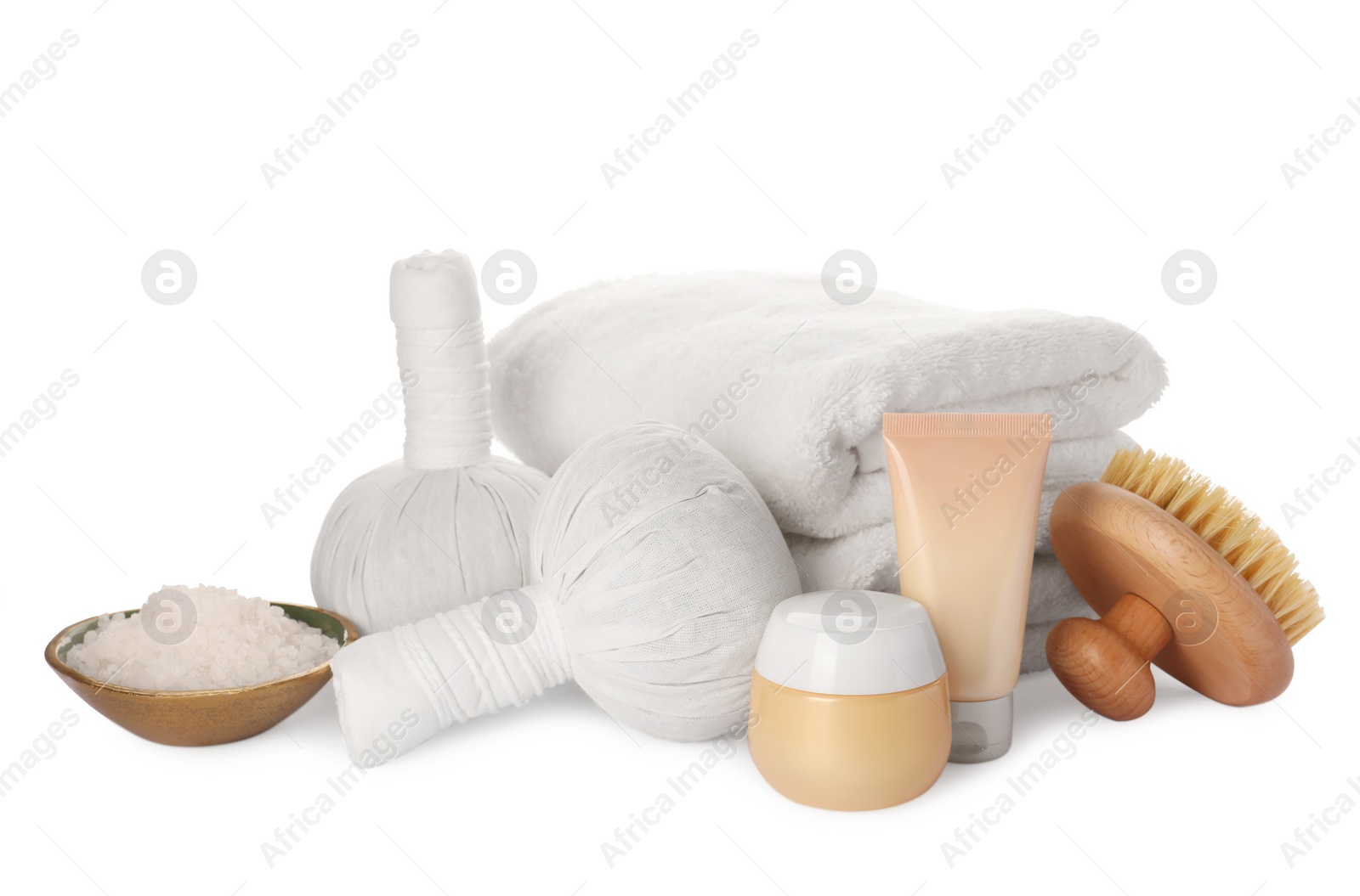 Photo of Beautiful composition with different spa products on white background