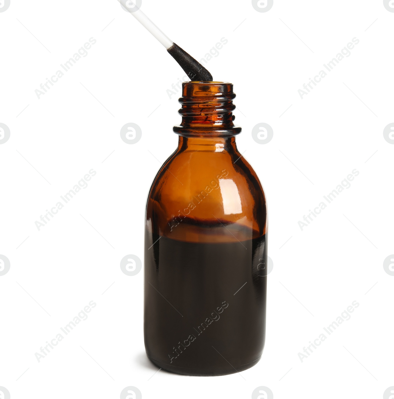 Photo of Bottle of medical iodine and cotton bud on white background