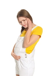 Young pregnant woman suffering from headache on white background