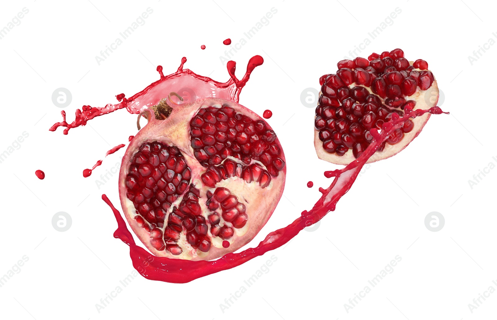 Image of Fresh ripe pomegranate and splash of juice on white background