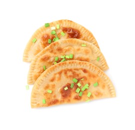 Photo of Delicious fried chebureki with cheese and green onion isolated on white, top view