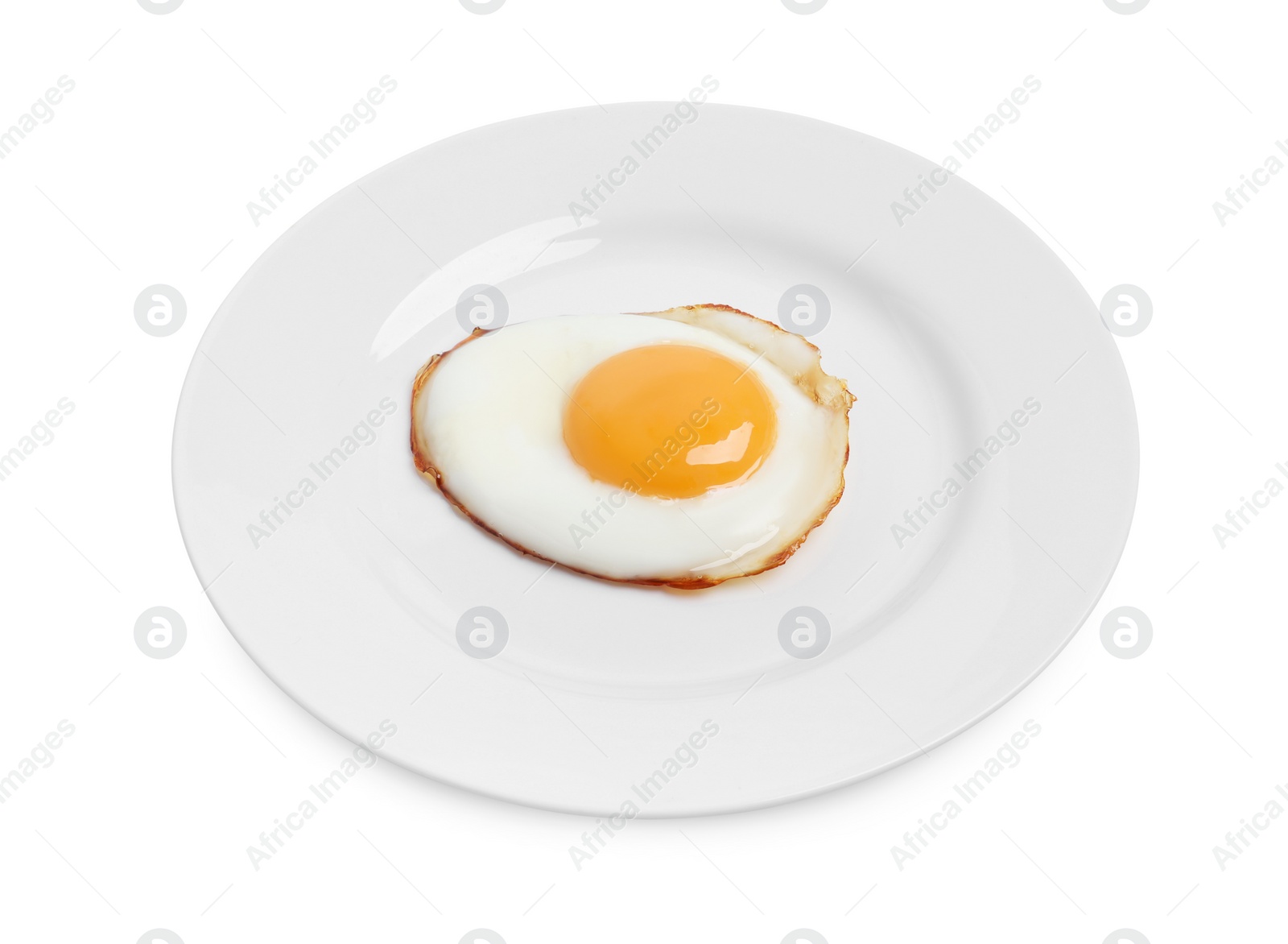 Photo of Plate with delicious fried egg isolated on white