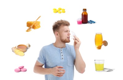 Image of SIck man surrounded by different drugs and products for illness treatment on white background