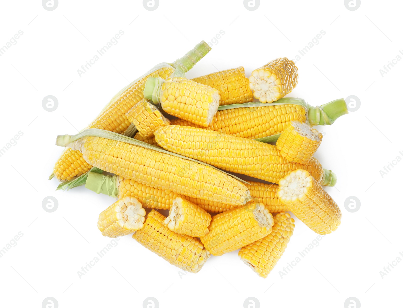 Photo of Fresh corncobs with husks on white background, top view