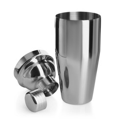 Metal cocktail shaker, strainer and cap isolated on white