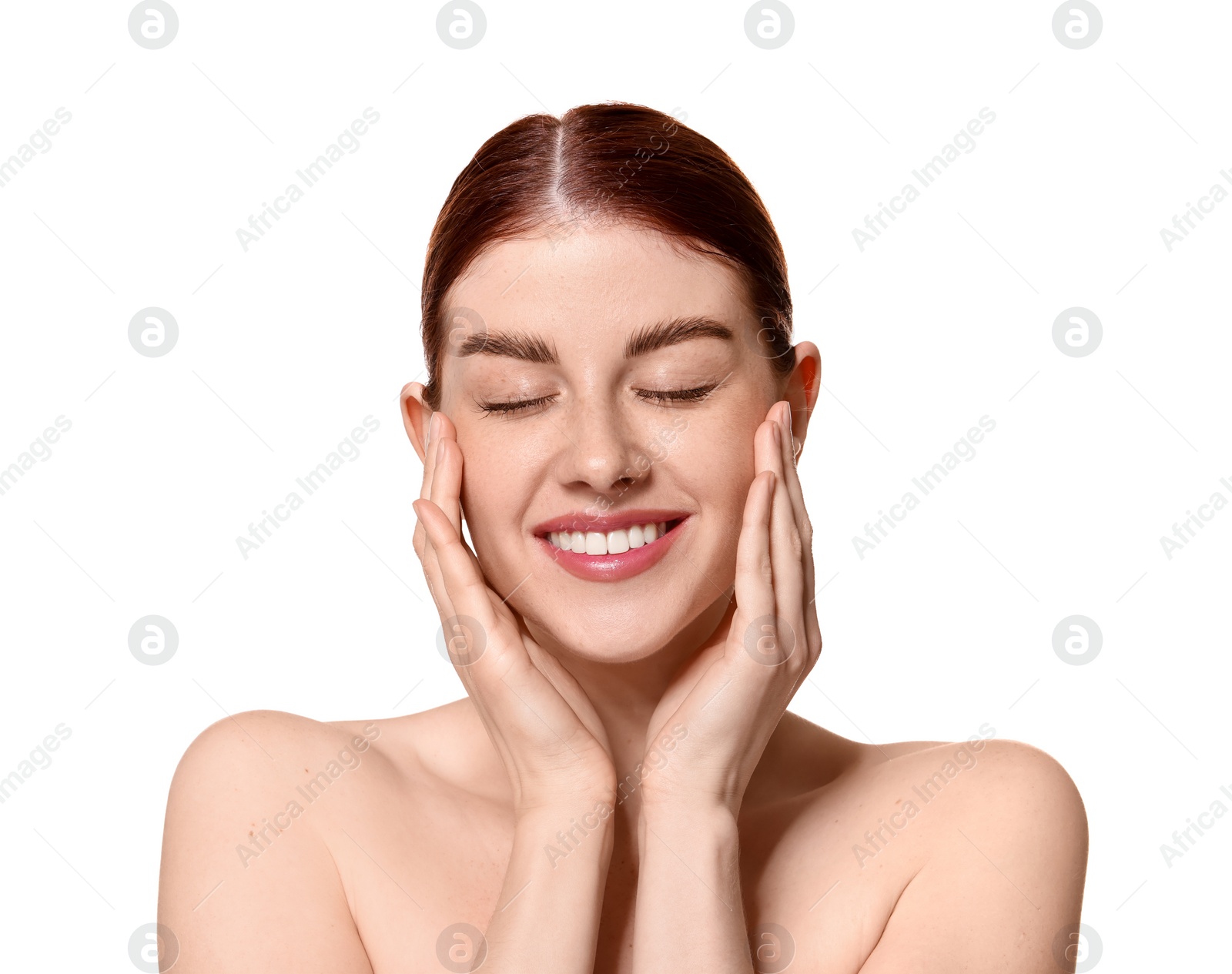 Photo of Portrait of smiling woman on white background