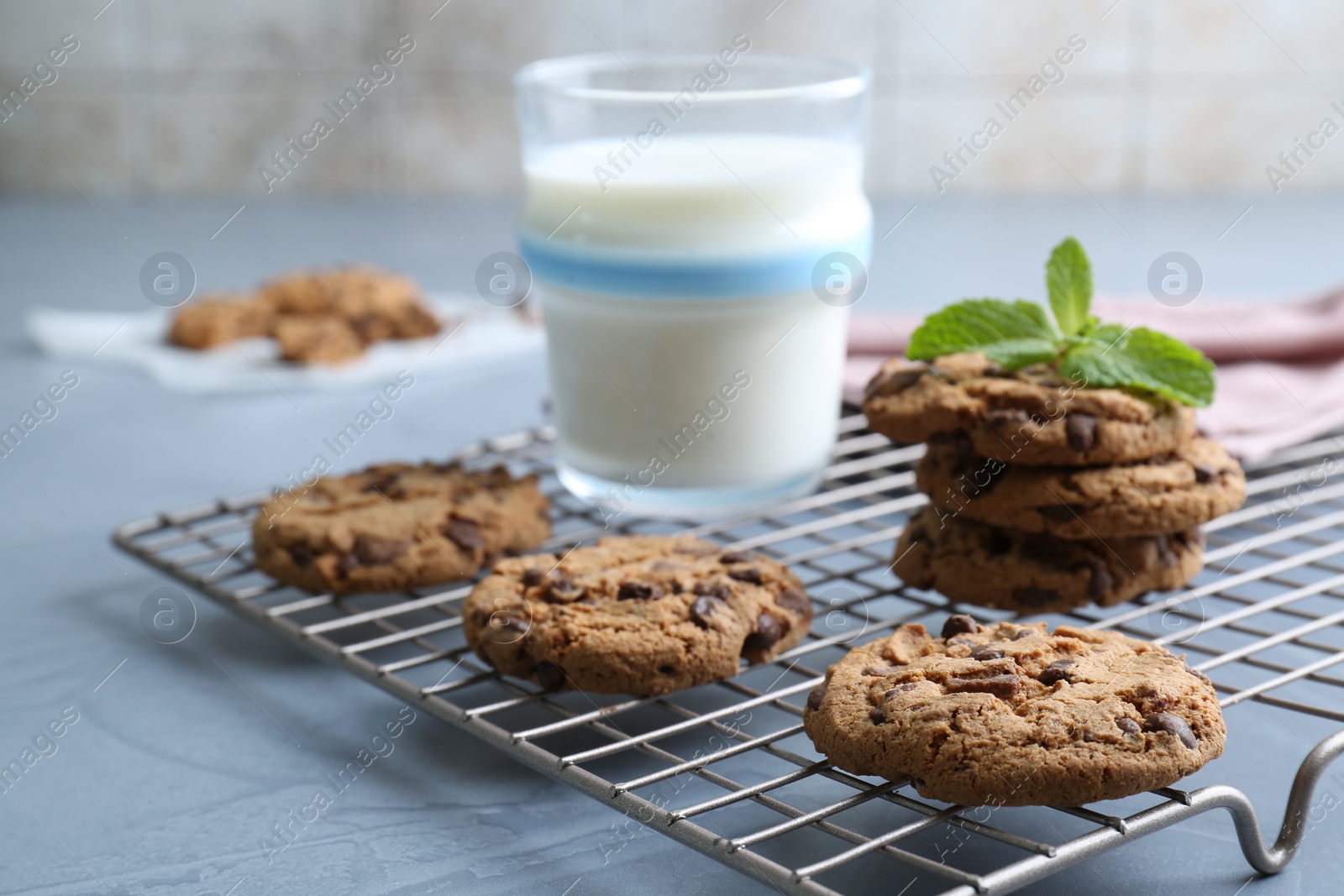 Photo of Tasty chocolate chip cookies, glass of milk and mint leaves on light grey table