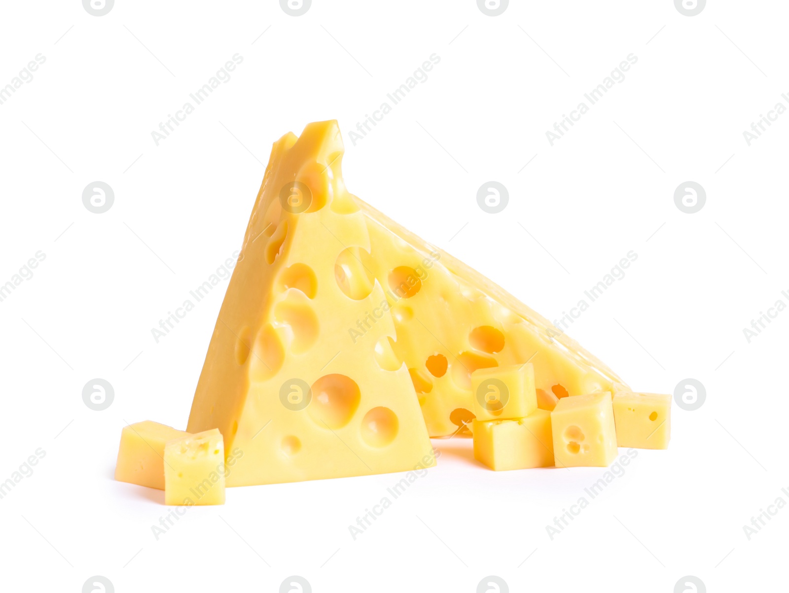 Photo of Pieces of cheese with holes on white background