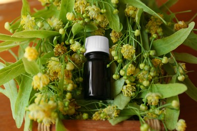 Photo of Bottleessential oil and linden blossoms on wooden table, above view