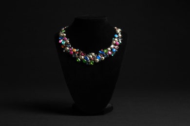 Elegant necklace on stand against black background. Luxury jewelry