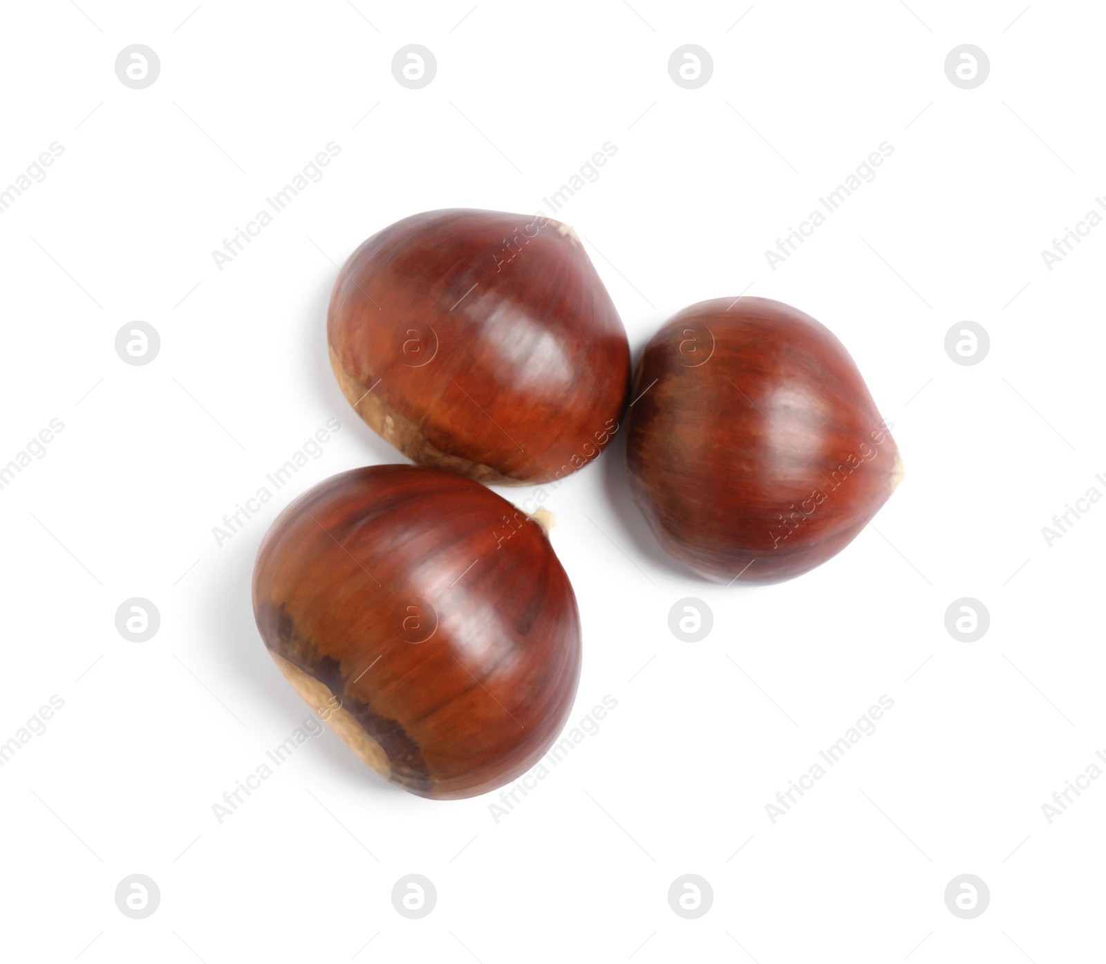 Photo of Fresh sweet edible chestnuts on white background, top view