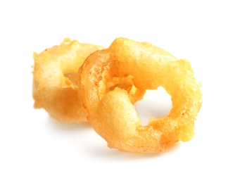 Delicious golden breaded and deep fried crispy onion rings on white background