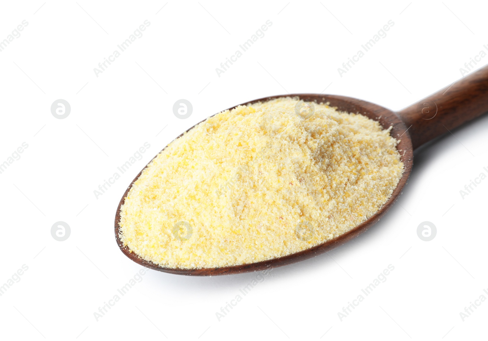 Photo of Spoon of corn flour isolated on white