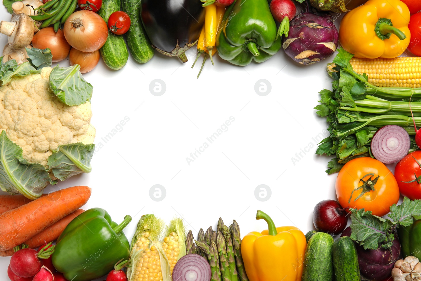 Photo of Assortment of fresh vegetables on white background, top view. Space for text