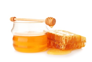 Photo of Composition with fresh honey on white background