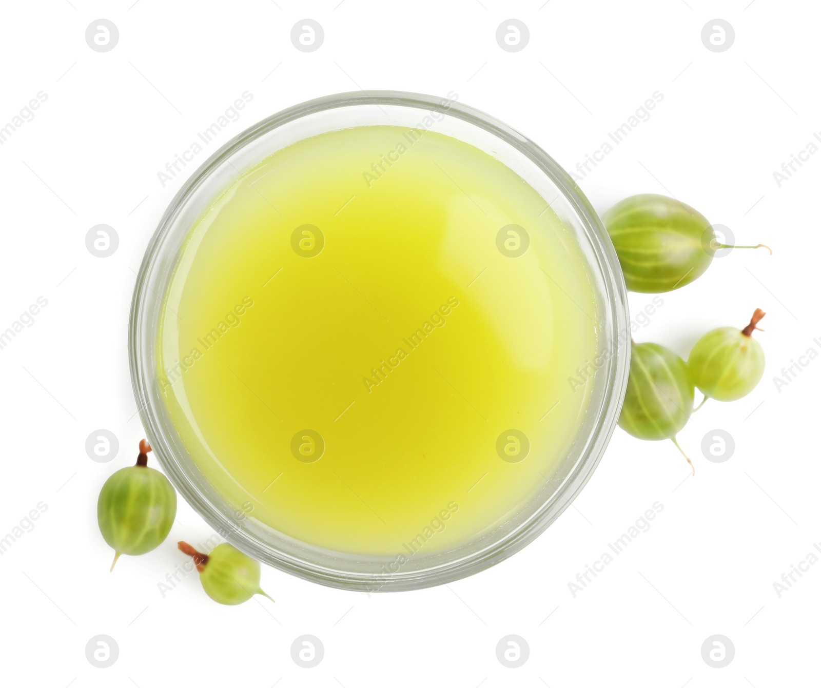 Photo of Tasty gooseberry juice in glass and fresh berries isolated on white, top view