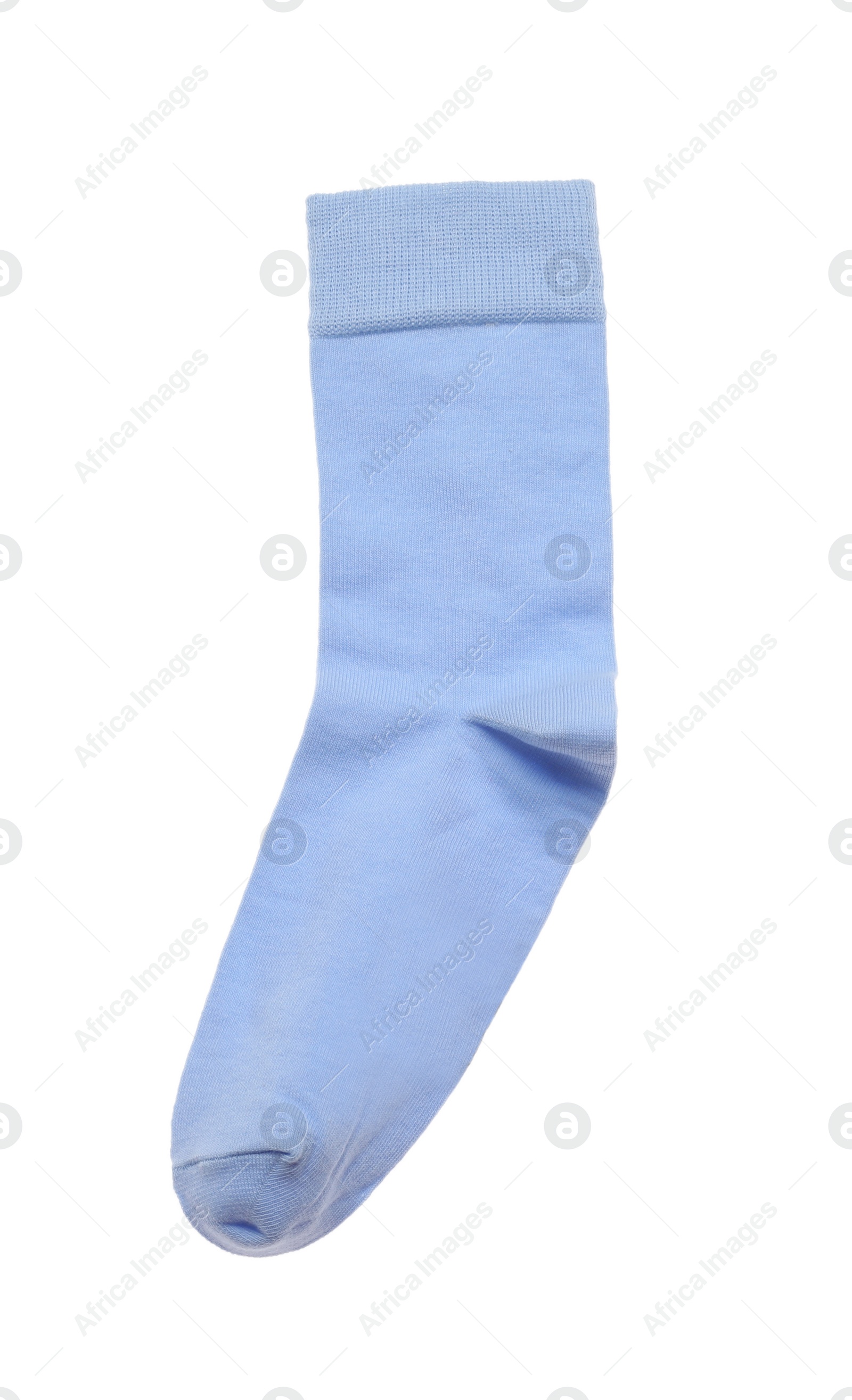 Photo of Light blue sock isolated on white, top view