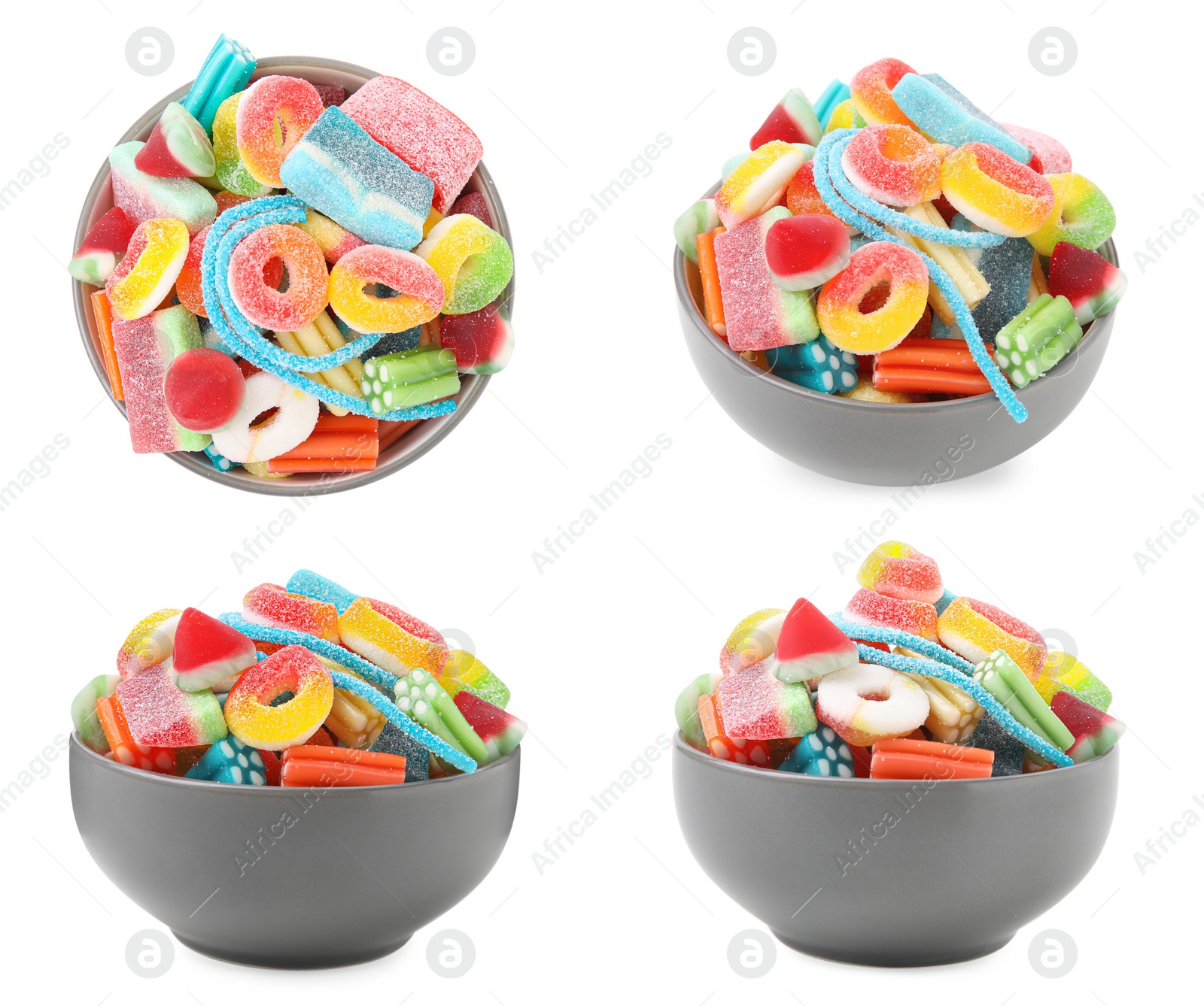 Image of Collage with bowl of tasty jelly candies on white background