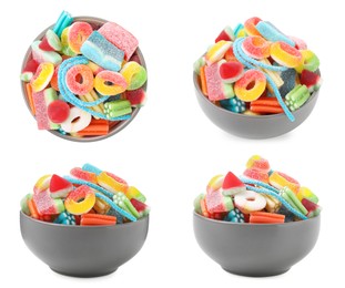 Collage with bowl of tasty jelly candies on white background