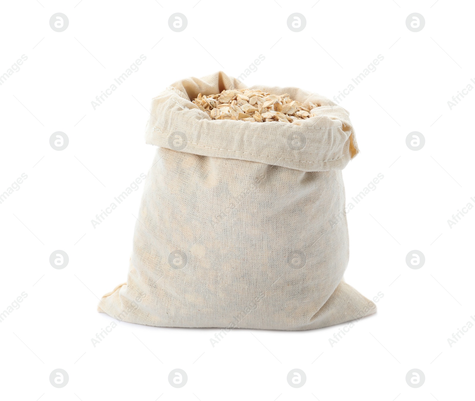 Photo of Cotton eco bag with oat flakes isolated on white