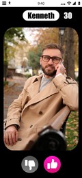 Image of Dating site account of handsome man. Profile photo, information and icons