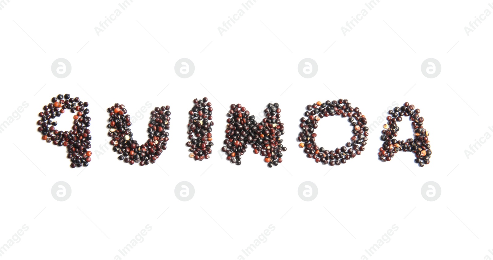 Photo of Word QUINOA written with black seeds on white background, top view