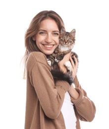 Young woman with cat on white background. Owner and pet