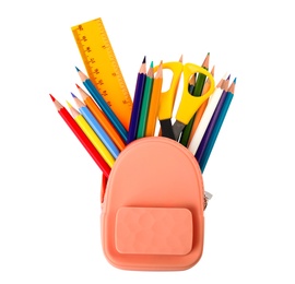 Photo of Small backpack full of pencils and school stationery on white background, top view