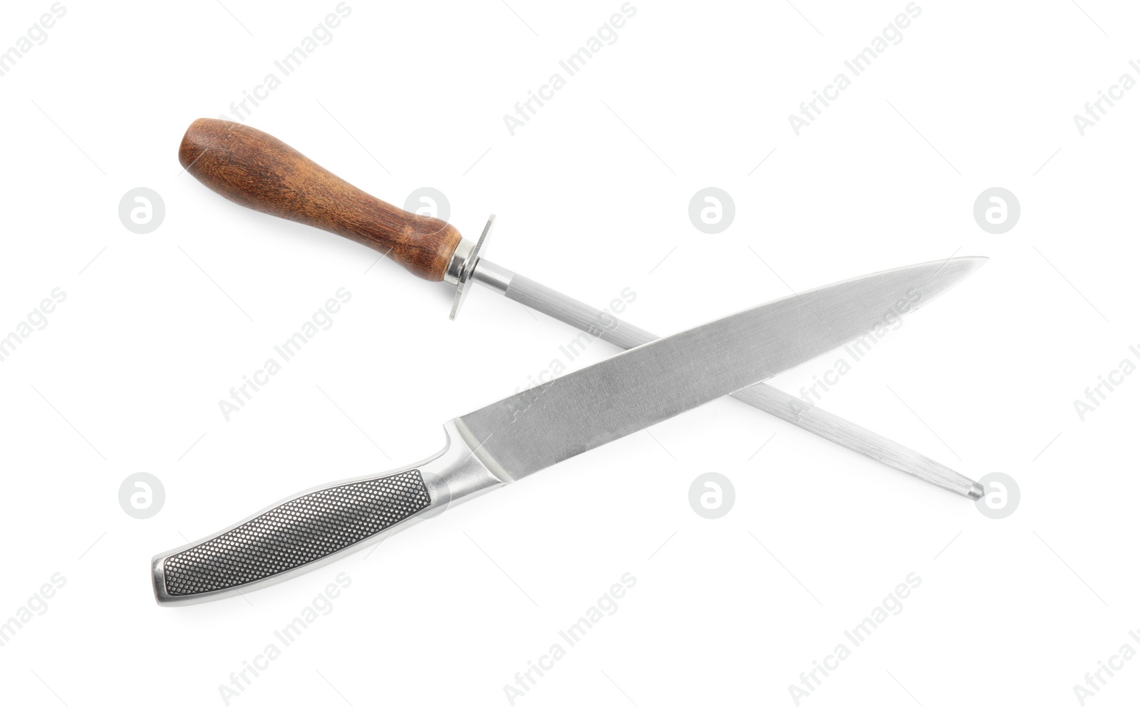 Photo of Sharpening steel and knife on white background, top view