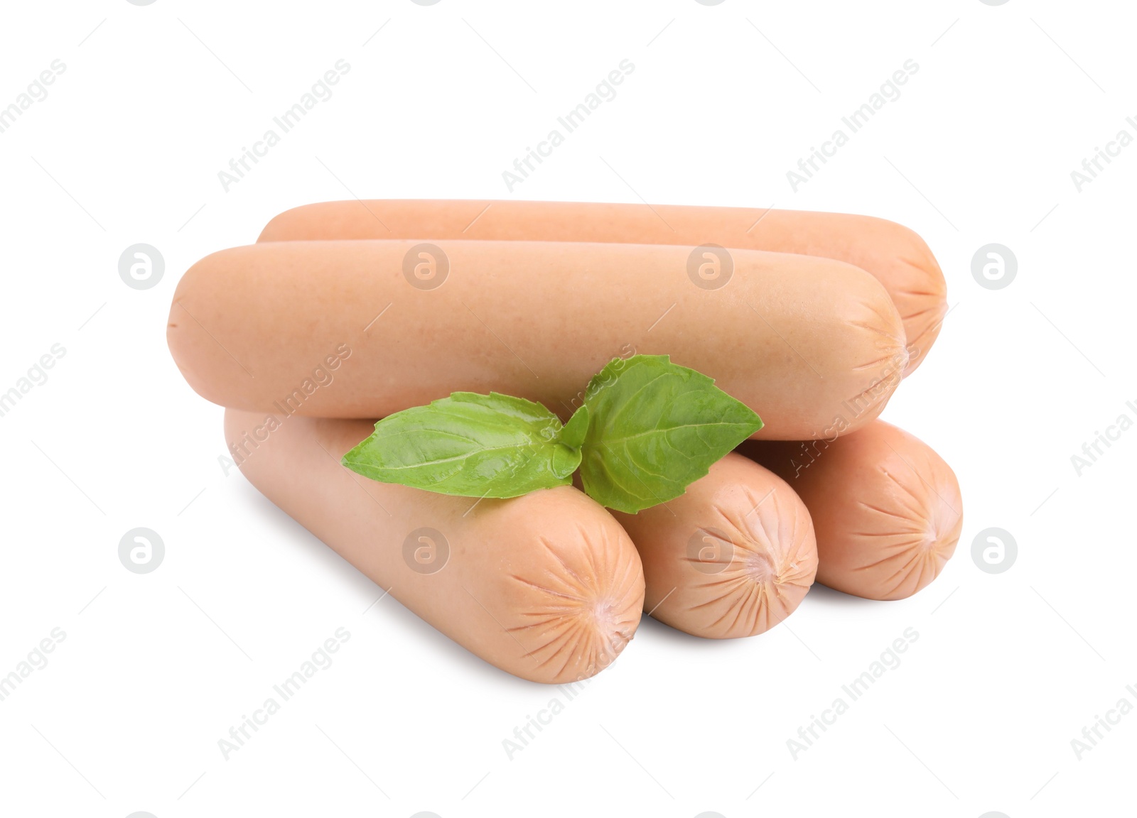 Photo of Many delicious boiled sausages and basil on white background