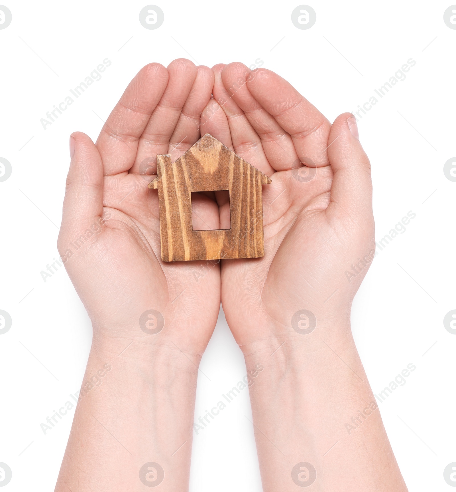 Photo of Home security concept. Man holding house model on white background, top view