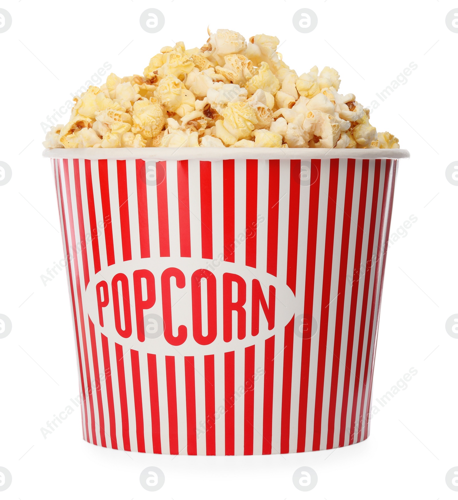 Photo of Tasty fresh pop corn in bucket isolated on white