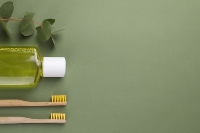 Photo of Fresh mouthwash in bottle, toothbrushes and eucalyptus branch on green background, flat lay. Space for text