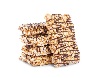 Photo of Delicious rice crispy treats on white background