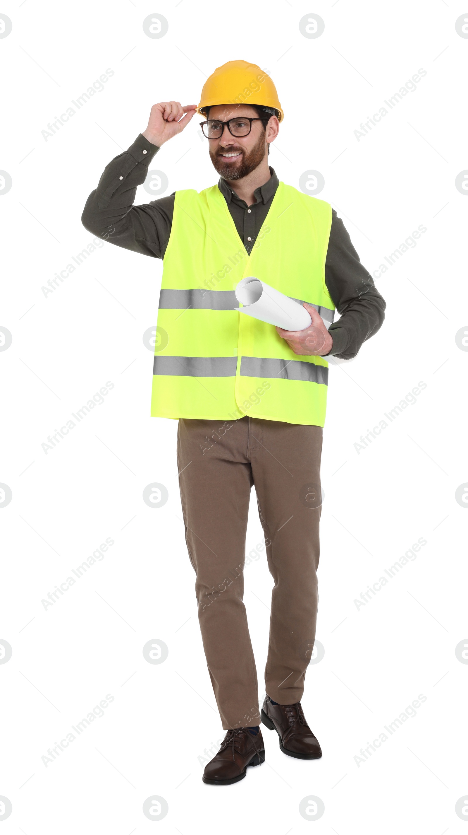 Photo of Architect in hard hat with draft on white background